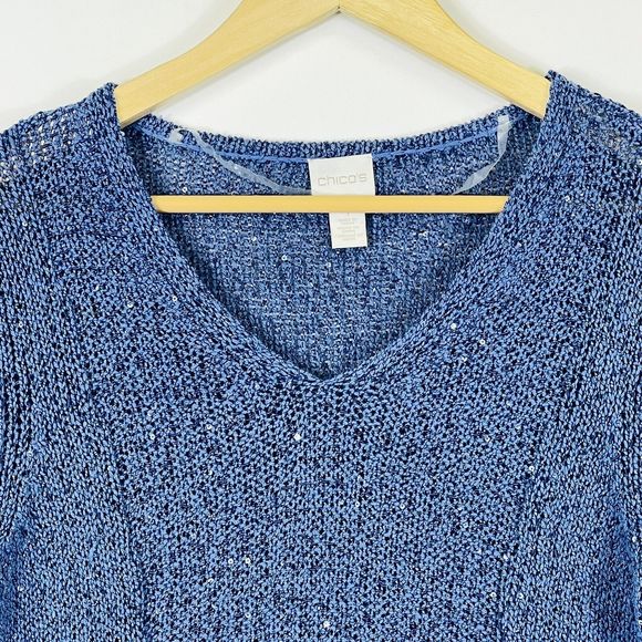 Chico's Blue Sequin Chunky Cable Knit Pullover V-Neck Sweater Womens 1 Medium 8 - Picture 2 of 5
